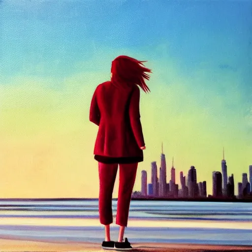 Image similar to lonely young woman with red hair, magenta coat, and light blue pants ; wandering a beach at sunset with a city skyline on the horizon, oil painting, warm lighting, swimming pool in foreground