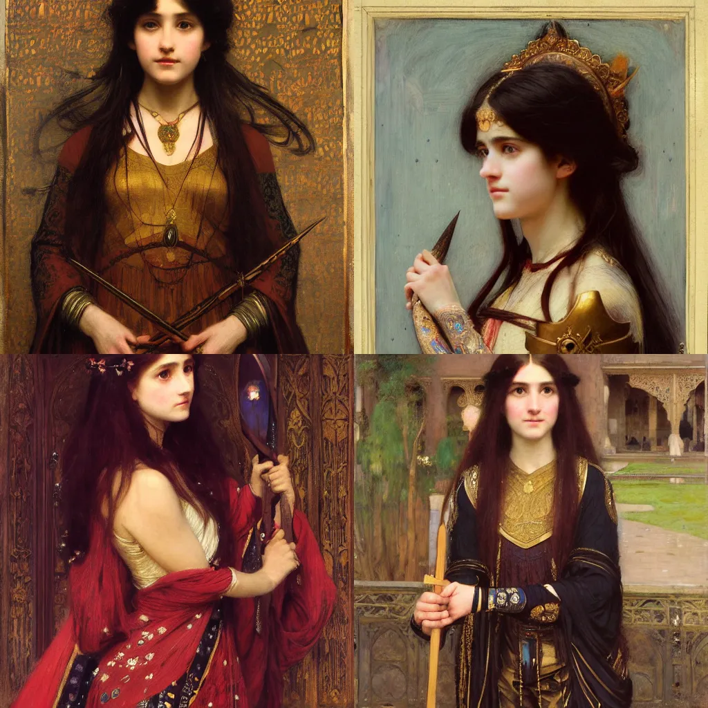 Prompt: orientalist portrait of a tired magical girl in formal wear holding an oak magic wand intricate portrait by john william waterhouse and Edwin Longsden Long and Theodore Ralli and Henryk Siemiradzki, very coherent symmetrical artwork. Cinematic, hyper realism, high detail 8k