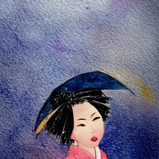 Prompt: dramatic portrait of a geisha holding and umbrella in a rainstorm at dusk : dynamic lighting / watercolor / close - up :