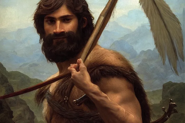 Image similar to renaissance painting full body portrait of a gruff ranger with a spear, lean and toned, handsome face, hairy chest and hairy body, D&D, intricate, elegant, highly detailed, digital painting, artstation, concept art, matte, sharp focus, chiaroscuro, well list, illustration, art by Artgerm and Greg Rutkowski and Alphonse Mucha