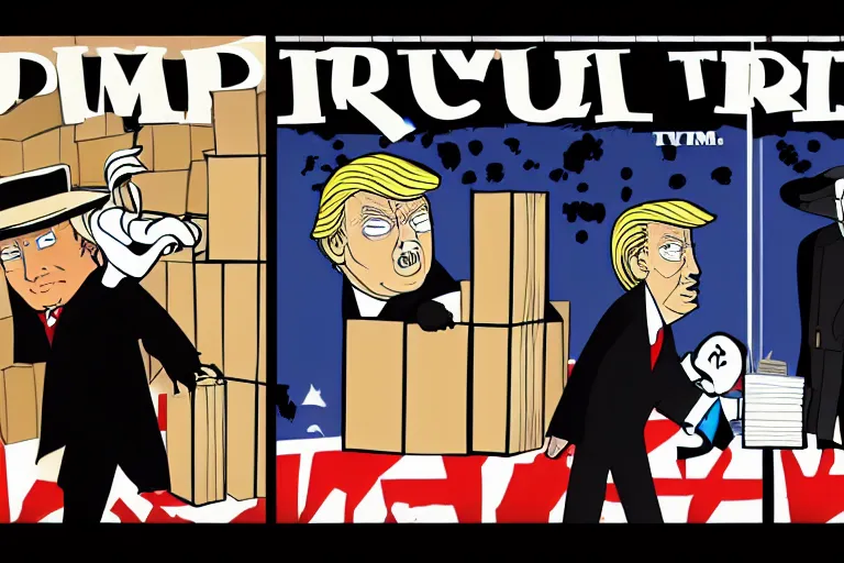 Prompt: 2 d poster illlustration donald trump and donald trump wearing trenchcoats and black spy hats and stacks of boxes for the movie spy vs spy