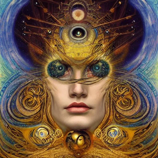 Image similar to Divine Chaos Engine by Karol Bak, Jean Deville, Gustav Klimt, and Vincent Van Gogh, beautiful visionary mystical portrait, sacred, otherworldly, fractal structures, ornate gilded medieval icon, third eye, spirals