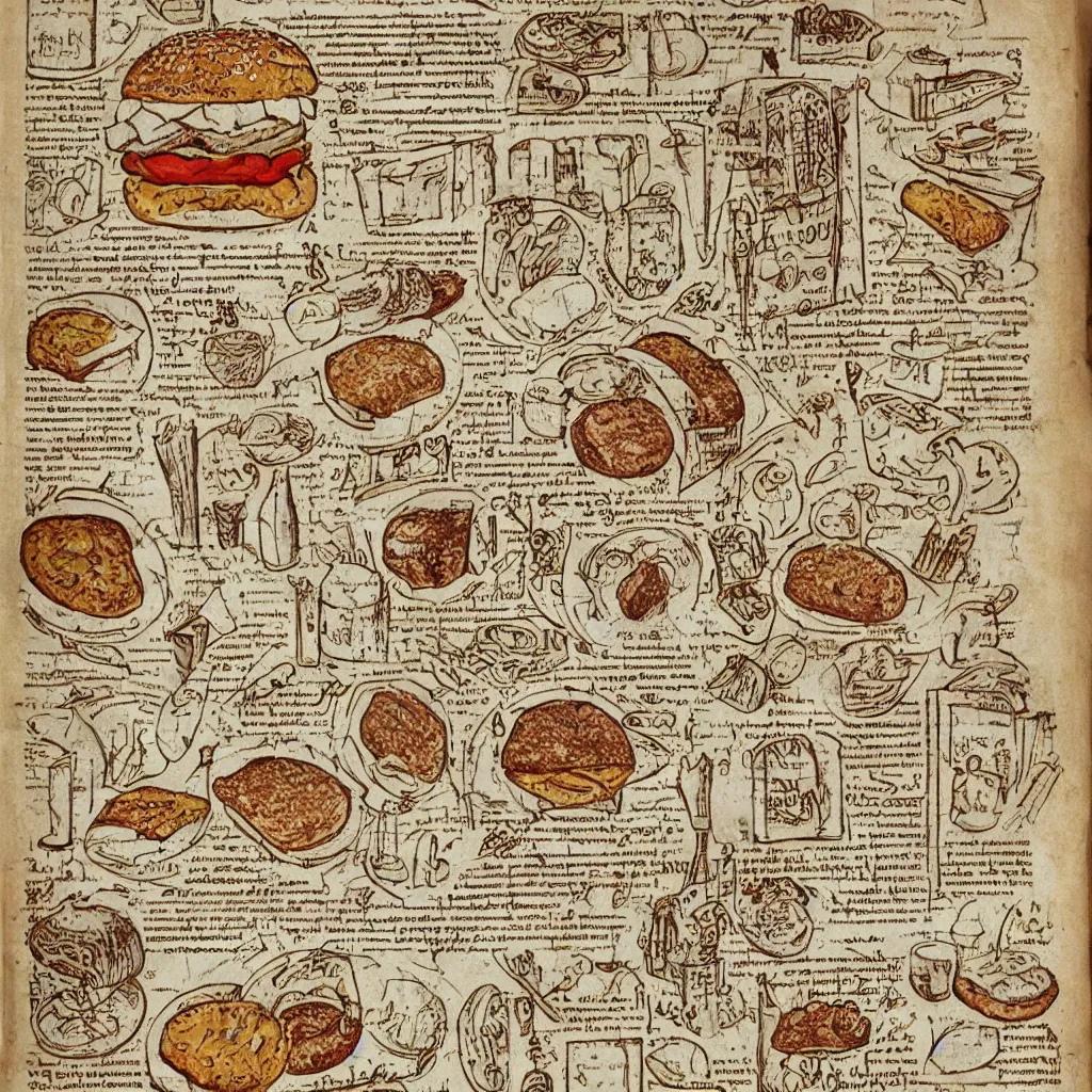 Prompt: illustrated recipe for an hamburger, lot of medieval enluminures in the background, found schematic in a notebook
