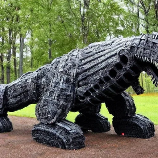 Prompt: photograph of a tyrannosaurus made of tires, recycled tire sculpture