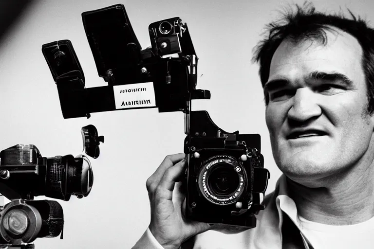 Prompt: high quality photo of aQuentin tarantino holding a 16 mm camera