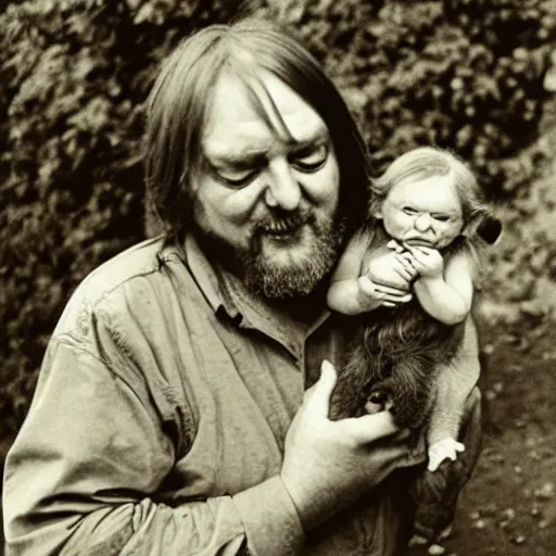 Image similar to robert wyatt cradling a goblin like a baby, photograph