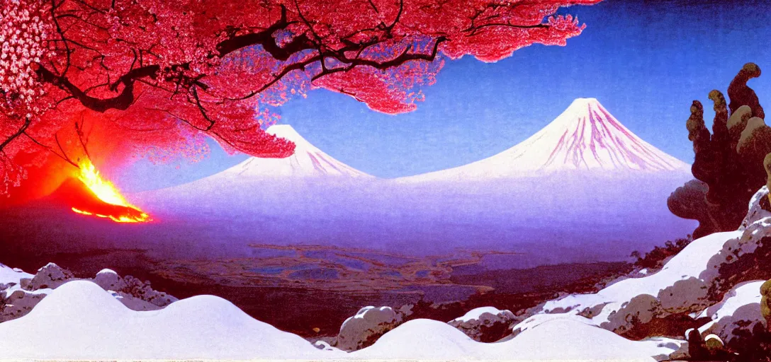 Image similar to ghibli illustrated background of a volcano erupting lava in a strikingly beautiful snowy landform with strange rock formations and red water, and cherry blossoms by vasily polenov, eugene von guerard, ivan shishkin, albert edelfelt, john singer sargent, albert bierstadt 4 k