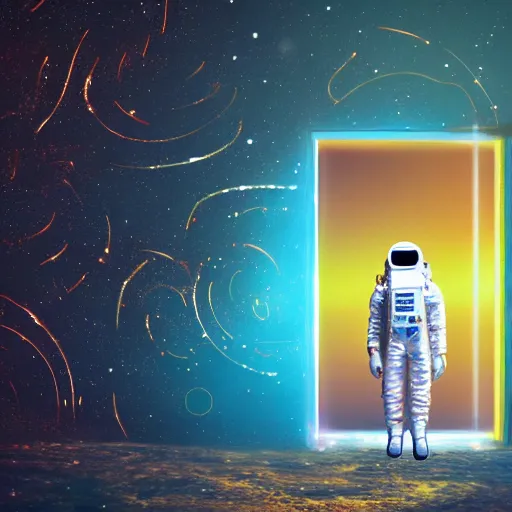 Image similar to 4 k, hyper - realism, distant shot, extra - details, psychedelic astronaut opening door that leads to the universe.