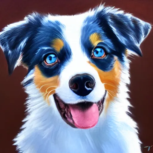 Image similar to painting of a blue eye, miniature australian shepherd with white grey brown and black fur