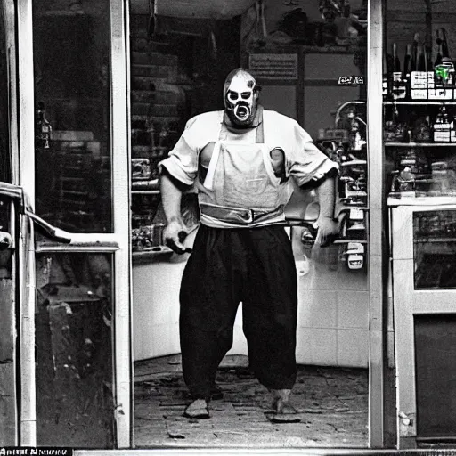 Image similar to big butcher man posing scarily and angrily, about to chase, earie setting, in a butcher shop, horror, hyperdetailed