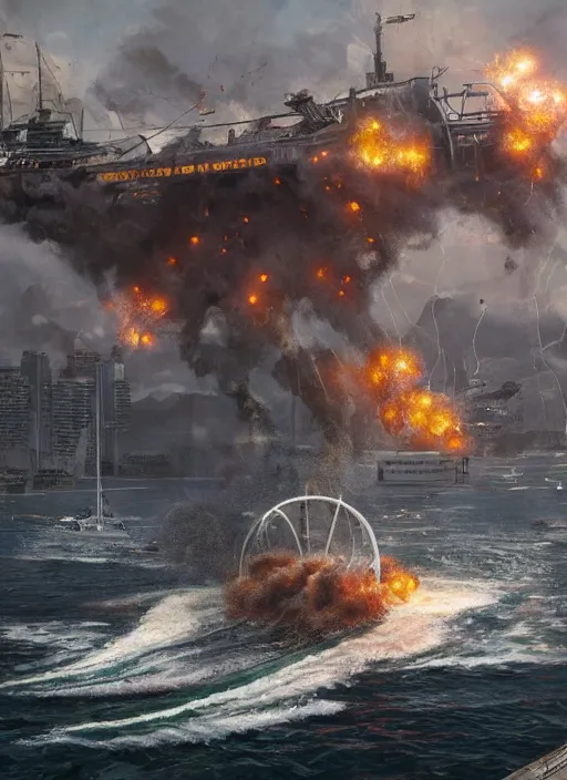 Image similar to hyper realistic squid robot attacking cape town city harbor explosions, atmospheric beautiful details, strong composition painted by kim jung giu weta studio rutkowski, james gurney and greg rutkowski, and lucasfilm