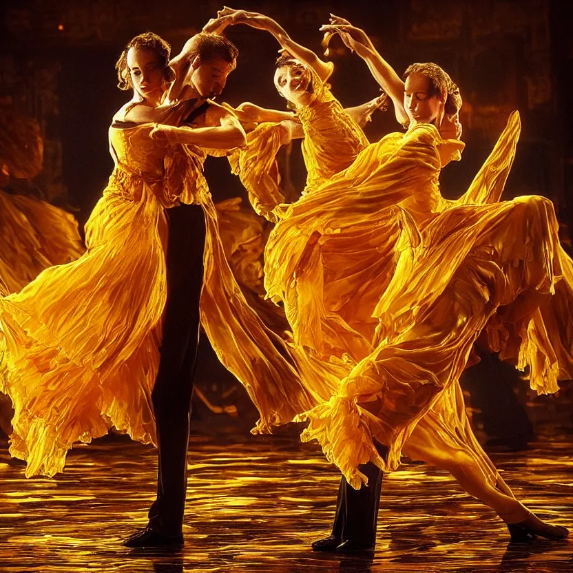 Image similar to tango dancers made of liquid flowing honey and molten gold, high definition 4k texture,
