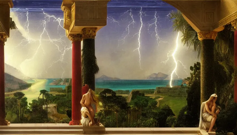 Image similar to From inside the balcony of the giant Palace, mediterranean balustrade and columns, refracted lines and sparkles, thunderstorm, greek pool, beach and Tropical vegetation on the background major arcana sky and occult symbols, by paul delaroche, hyperrealistic 4k uhd, award-winning, very detailed paradise