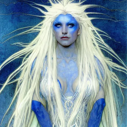 Image similar to half - length portrait of a female lightning genasi with blue skin and white hair made of sirrus clouds, full white robes, medieval, fantasy, d & d, luis royo, klimt, alphonse mucha