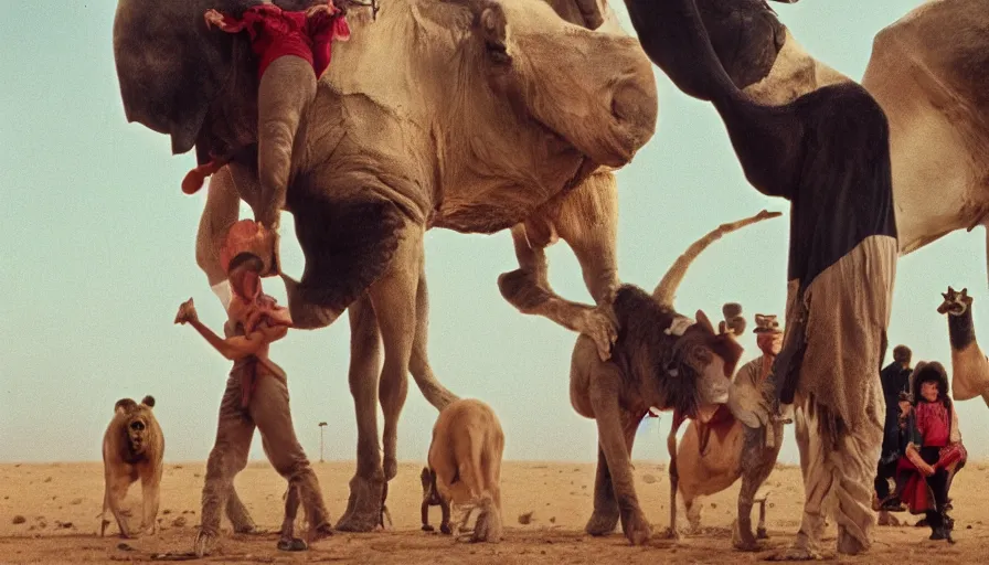 Prompt: movie still by alejandro jodorowsky of a circus with animals in the desert, cinestill 8 0 0 t eastmancolor technicolor, high quality, very detailed, heavy grain, fine facial features, 8 k, octane render