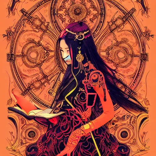 Image similar to jisoo + blackpink + elements + red + gold + neon + baroque + rococo + white + orange + ink + tarot card, ornate + by marc simonetti, paul pope, peter mohrbacher, detailed, intricate ink illustration + damask + award winning + 8 k