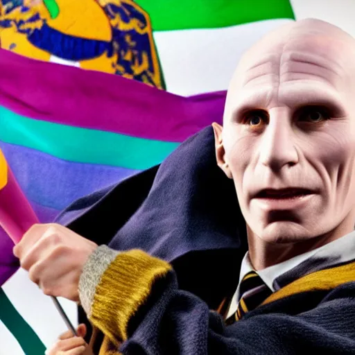 Image similar to harry potter hugging voldemort pride flag in background