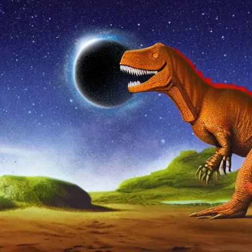 Image similar to A T-Rex looking at the meteor right before it hits the Earth.