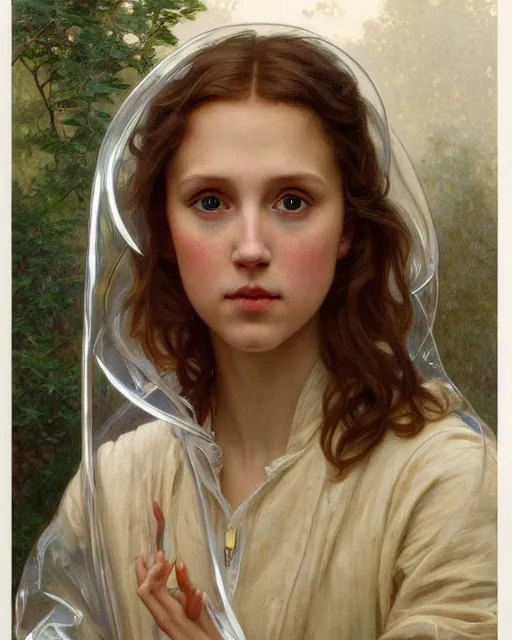 Image similar to a realistic portrait painting of a thoughtful girl resembling a young, shy, redheaded alicia vikander or millie bobby brown wearing a clear raincoat, highly detailed, intricate, concept art, artstation, by donato giancola, alphonse mucha, and william bouguereau