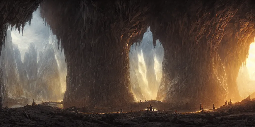 Prompt: Inside Isengard Caverns, evening, detailed matte painting, cinematic, Alan Lee, Artstation