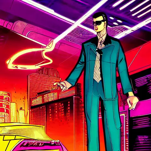 Image similar to a cyberpunk mafia boss with slicked back hair, in a cyberpunk setting, comic book art, cyberpunk, art by stan lee, neon lines, 8 0 s vibe colorful, bright high tech lights, movie still, epic, dramatic, marvel comics, dc comics