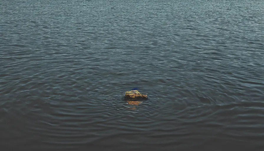 Image similar to photograph of a centered rope floating on the surface of the water, the rope is snaking towards the center of the lake, a dark lake on a cloudy day, anamorphic lens, kodak color film stock