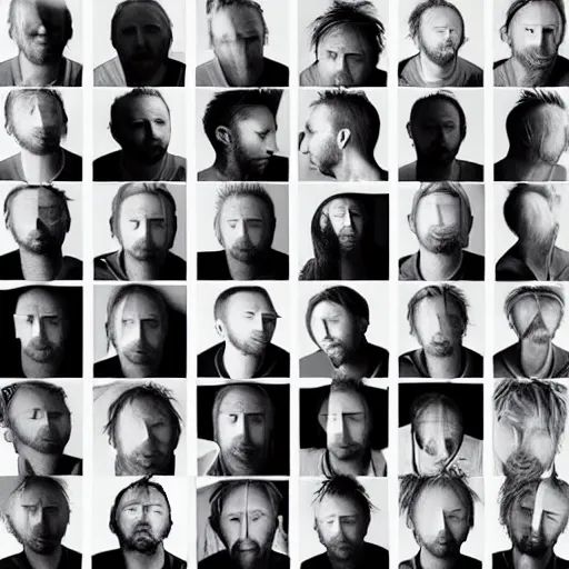 Image similar to versions collage of variations, hyper realistic, many variations of thom yorke, face variations, various emotions, various poses, high quality, brush stroke, intricate details, beautiful lighting