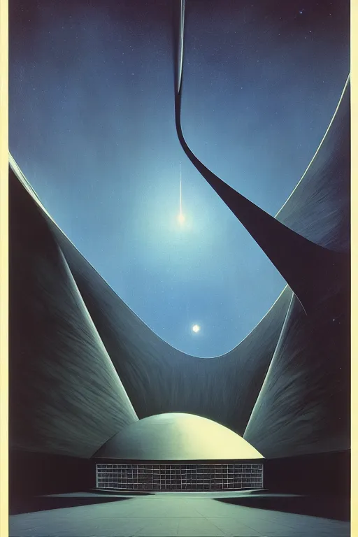 Prompt: emissary space by arthur haas and bruce pennington and john schoenherr, cinematic matte painting, zaha hadid building, photo realism, dark color palate, blue hour stars, james turrell,