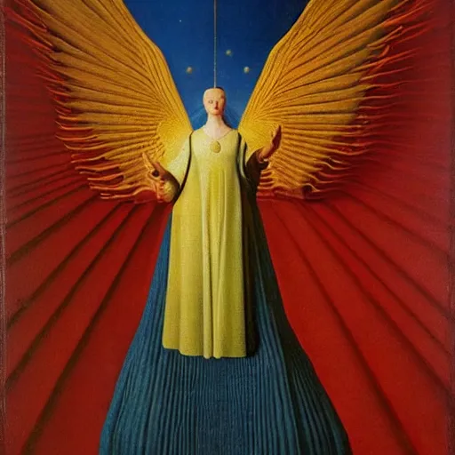 Image similar to Portrait of an elegant cosmic robotic angel. Painting by Jan van Eyck, Audubon, Rene Magritte, Agnes Pelton, Max Ernst, Walton Ford