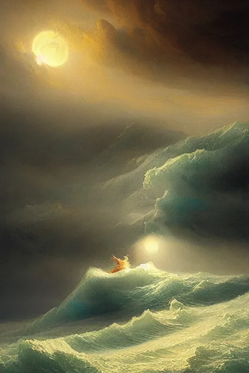 Prompt: Amassive stunning detailed water deity emerging from a stormy ocean by Ivan Aivazovsky, agostino arrivabene, Greg Rutkowski, digital painting, beautiful lighting, full moon, swirling water tornado, artstation