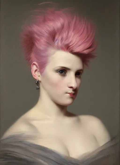 Prompt: a detailed portrait of 4 0 year old girl with a mohawk by edouard bisson, pink hair, punk rock, looking at the camera, oil painting, muted colours, soft lighting