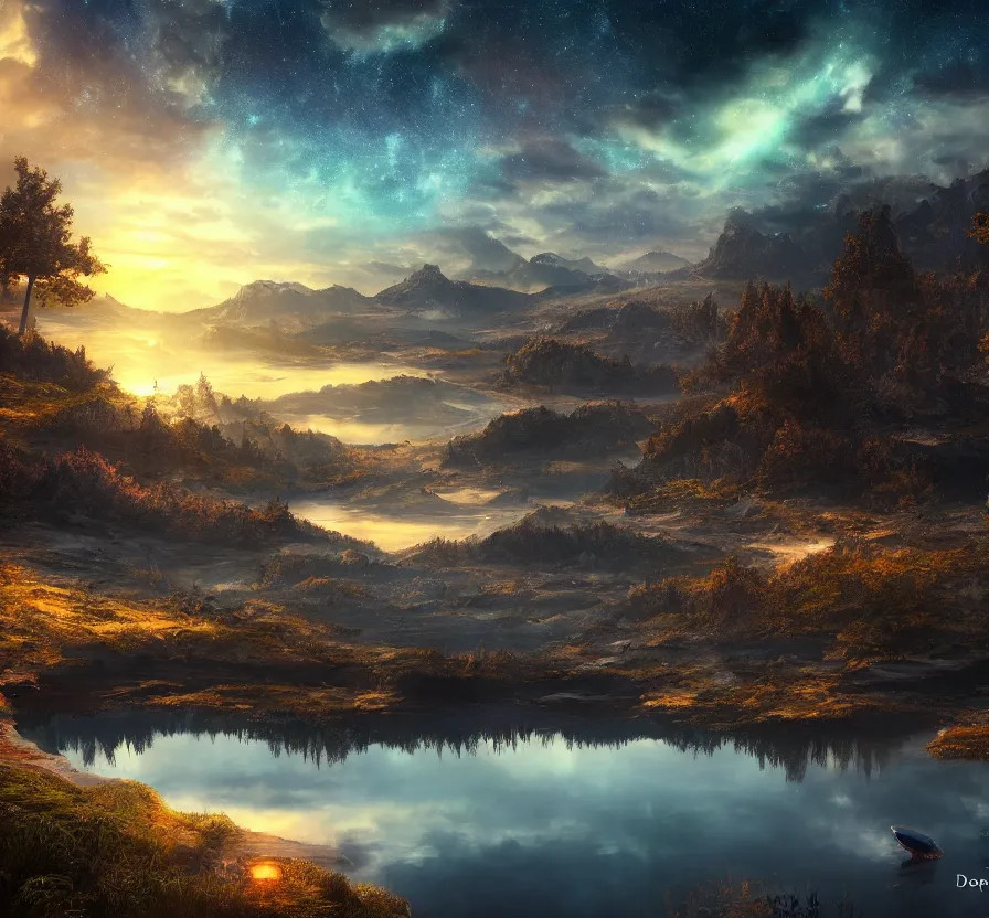 Image similar to lake at deepnight landscape with visible space sky, fantasy artwork, very beautiful scenery, hd, hdr, ue 5, ue 6, unreal engine 5, cinematic 4 k wallpaper, 8 k, ultra detailed, by popular digital artist,