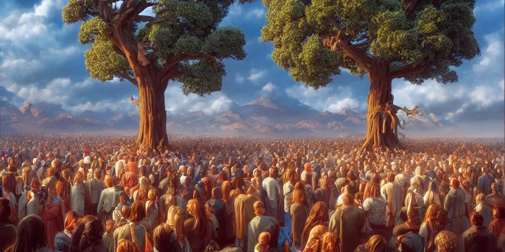 Prompt: crowd mourning for the death of the tree of life Michael Whelan by Jeff Easley photorealistic by Edmonia Lewis, cinematic, coherent, realistic faces, clear, detailed, intricate, dramatic lighting, establishing shot, 8k resolution