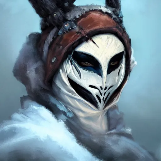 Image similar to a fantasy snow bandit from ‘ icewind dale ’ with mask, ‘ icewind dale 2 ’ profile portrait by ‘ justin sweet ’, falling snow, soft focus, illustrated, oil paint, artstation