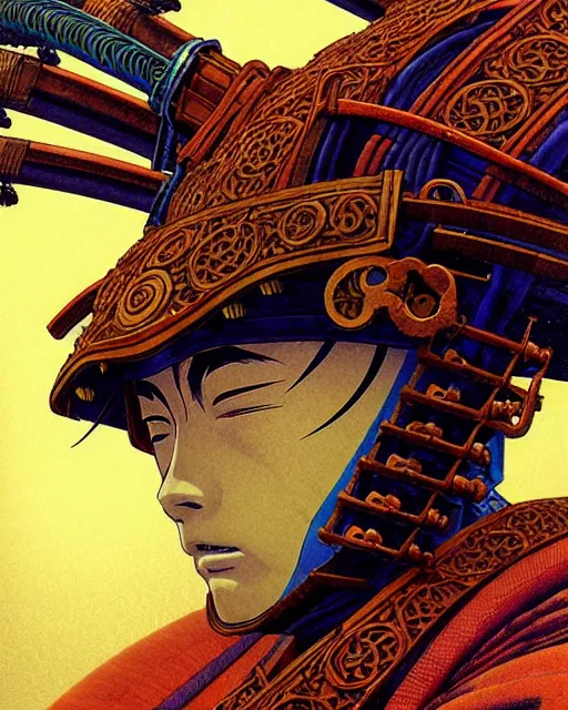 Prompt: anime samurai, character portrait, portrait, close up, concept art, intricate details, highly detailed, vintage sci - fi poster, in the style of chris foss, rodger dean, moebius, michael whelan, and gustave dore