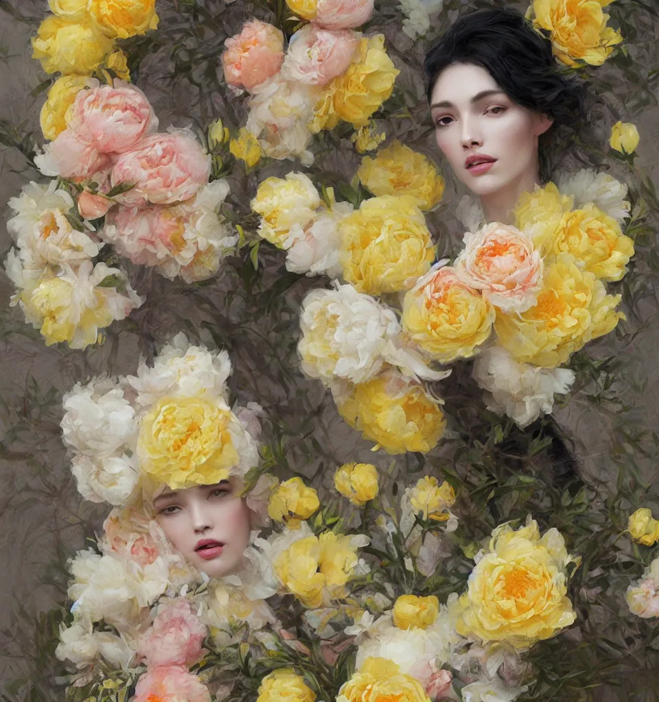 Prompt: beautiful hairpiece made of yellow, cream, light orange and ivory flowers, peonies, illustration by james jean and jeremy lipking, pastel colors,