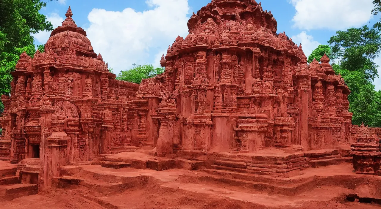 Prompt: enormous cistern made of red clay hindu architecture filled with clean green - blue water, fantasy art