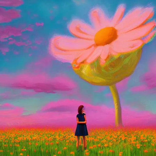 Prompt: standing under giant daisy flower, full body girl standing in a flower field, surreal photography, sunrise, dramatic light, impressionist painting, colorful clouds, digital painting, artstation, simon stalenhag