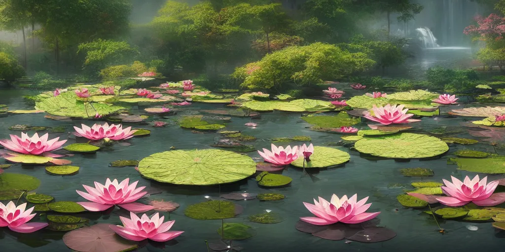 Image similar to dreamy pond full of lotus flowers, concept art, render by octane and blender, hyper realistic, cinematic lighting, unreal engin 5, by krenz cushart, 8 k, vray render, artstation, deviantart