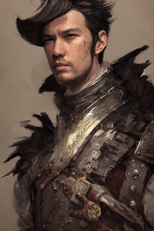 Image similar to A fancy portrait of a Squire by Greg Rutkowski, Sung Choi, Mitchell Mohrhauser, Maciej Kuciara, Johnson Ting, Maxim Verehin, Peter Konig, Bloodborne, 8k photorealistic, cinematic lighting, HD, high details, dramatic, dark atmosphere, trending on artstation