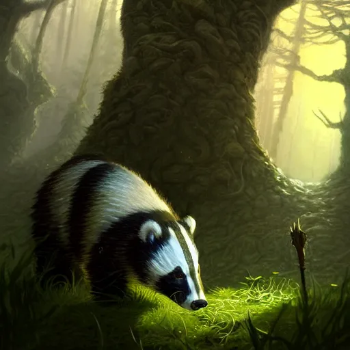 Image similar to Badger druid, forest, magic the gathering artwork, D&D, fantasy, cinematic lighting, centered, symmetrical, highly detailed, digital painting, artstation, concept art, smooth, sharp focus, illustration, volumetric lighting, epic Composition, 8k, art by Akihiko Yoshida and Greg Rutkowski and Craig Mullins, oil painting, cgsociety