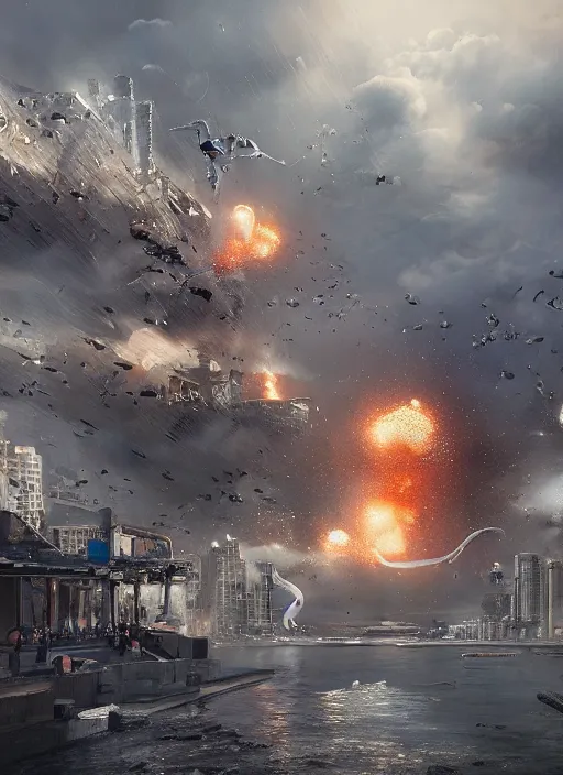 Image similar to hyper realistic squid robot attacking cape town city, table mountain explosions, atmospheric beautiful details, strong composition drawn in ink by kim jung giu weta studio rutkowski, james gurney and greg rutkowski, and lucasfilm