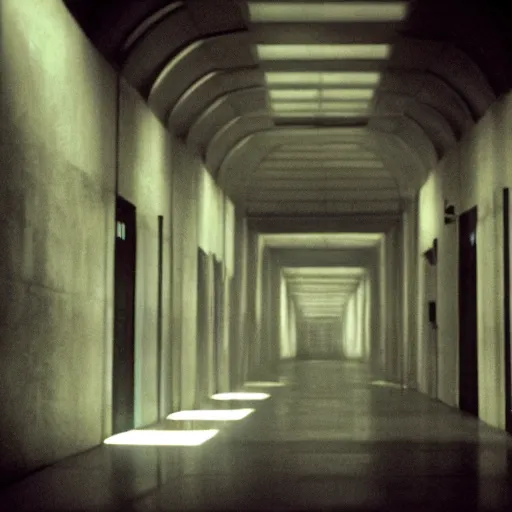 Prompt: flash low quality photograph of star wars movie set, death star imperial corridor, empty liminal space, very dark shadows, broken fluorescent lighting, horror movie scene, film grain