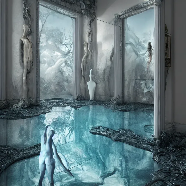 Image similar to hyperrealistic random objects in a surreal minimalistic dreamscape environment by salvador dali, enormous melting mannequin head statue, highly detailed, 3 d render, vray, octane, beautiful lighting, photorealistic, intricate, elegant, wayne barlowe, water, mirrors, doorway, beautiful, masterpiece, trending on artstation, artgerm, checkered floor