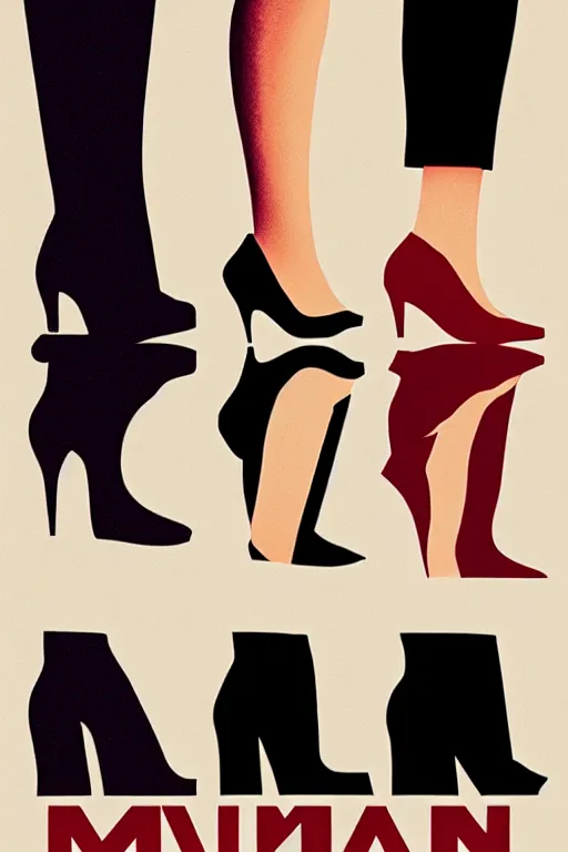 Image similar to minimal movie poster, woman with different colored shoes, dramatic