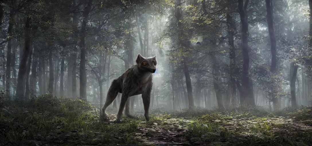 Image similar to A beautiful hyper realistic ultra detailed lifelike matte painting of a skinwalker in a forest, unreal engine, deviantart, flickr, artstation, octane render, textured, colorful, extreme realistic detail, physically based rendering, pbr render, very detailed, volumetric lighting, detailed lighting, octane render, 4k, cinematic lighting, 8k resolution