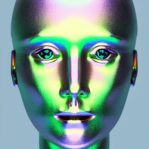 Image similar to 3d render of holographic human robotic head made of glossy iridescent, surrealistic 3d illustration of a human face non-binary, non binary model, 3d model human, cryengine, made of holographic texture, holographic material, holographic rainbow, concept of cyborg and artificial intelligence