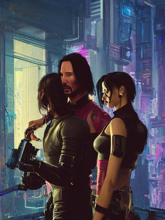 Prompt: a cyberpunk 2077 couple portrait of Keanu Reeves and V,love story,film lighting,by laurie greasley,Lawrence Alma-Tadema,William Morris,Dan Mumford,trending on atrstation,full of color,Digital painting,face enhance,highly detailed,8K, octane,golden ratio,cinematic lighting