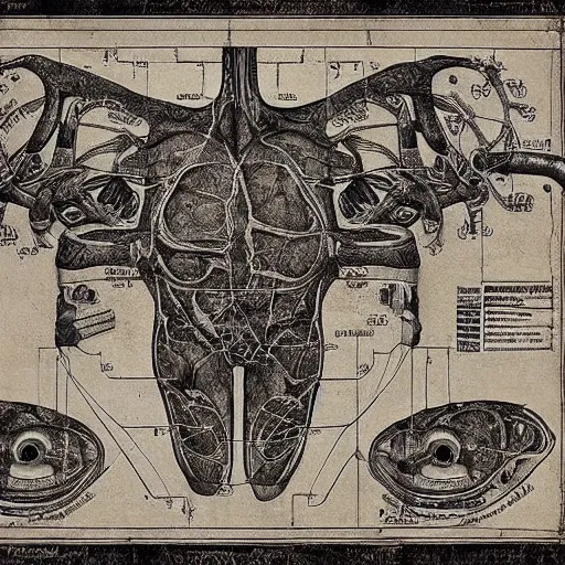 Image similar to liver anatomy, blue print, texture of electronic circuit, intricate details, da vinci