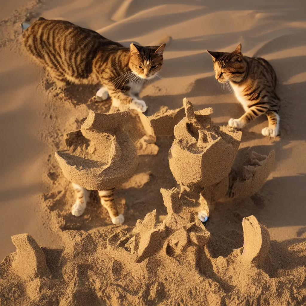 Prompt: Photo of a cat building a sandcastle on a beach, photorealistic, 8K photo, golden hour, award winning